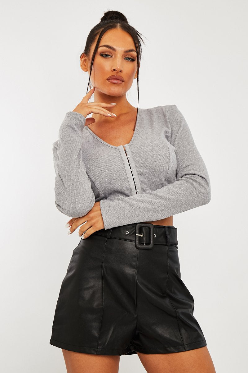 Grey Ribbed Hook Fastening Crop Top - Piper-Crop Tops