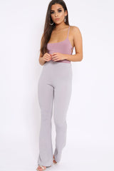 Grey Ribbed Kick Flare Trousers - Chlo-Trousers