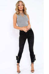 Grey Ribbed Lace up Crop Top - Laylia-Crop Tops