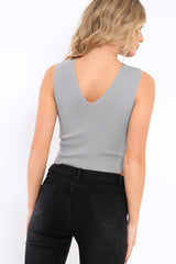 Grey Ribbed Lace up Crop Top - Laylia-Crop Tops