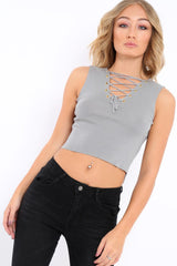Grey Ribbed Lace up Crop Top - Laylia-Crop Tops