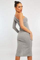 Grey Ribbed One Sleeve Midi Dress - Diona-Dresses