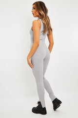 Grey Ribbed Racer Neckline Jumpsuit - Kila-Jumpsuits