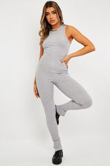 Grey Ribbed Racer Neckline Jumpsuit - Kila-Jumpsuits