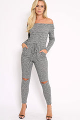 Grey Ribbed Rip Knee Jumpsuit - Chyna-Jumpsuits