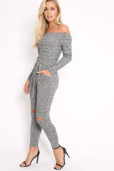 Grey Ribbed Rip Knee Jumpsuit - Chyna-Jumpsuits