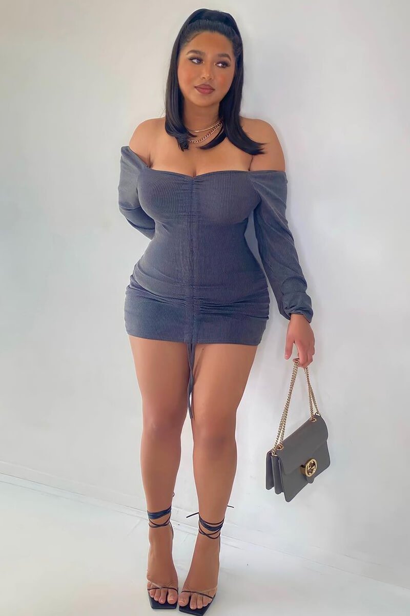 Grey Ribbed Ruched Centre Mini Dress - Nahlia-Dresses