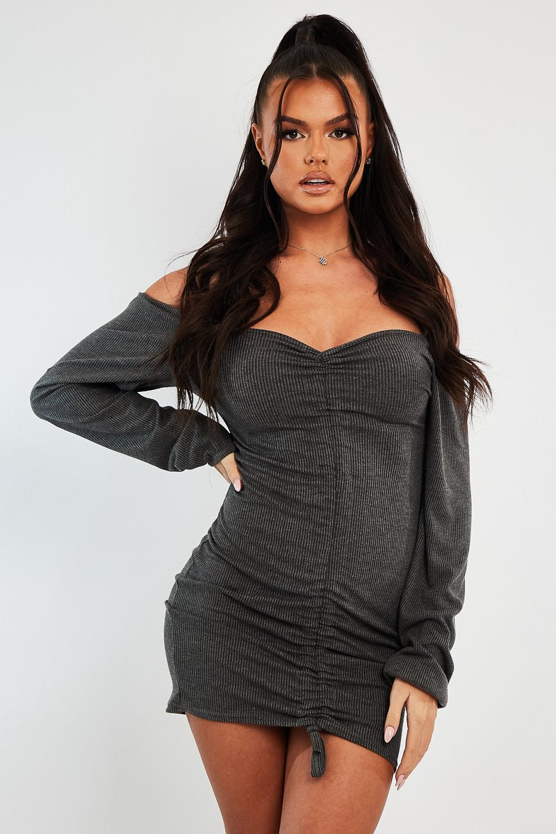 Grey Ribbed Ruched Centre Mini Dress - Nahlia-Dresses