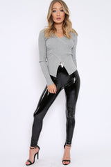 Grey Ribbed Thin Knit Wrap Top - Jordi-Tops