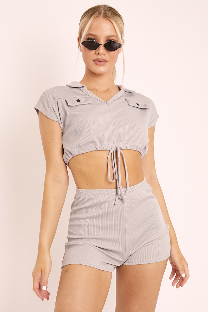 Grey Ribbed Tie Front Crop Top and Shorts Loungewear Co-ord - Teddie-Co-ords