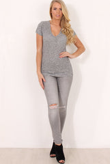 Grey Ribbed V Neck Top - Yvette-Tops