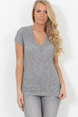 Grey Ribbed V Neck Top - Yvette-Tops