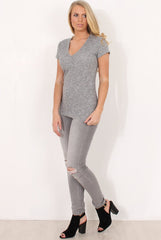 Grey Ribbed V Neck Top - Yvette-Tops
