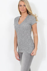Grey Ribbed V Neck Top - Yvette-Tops