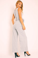 Grey Ribbed Zip Back Belted Jumpsuit - Indiya-Jumpsuits
