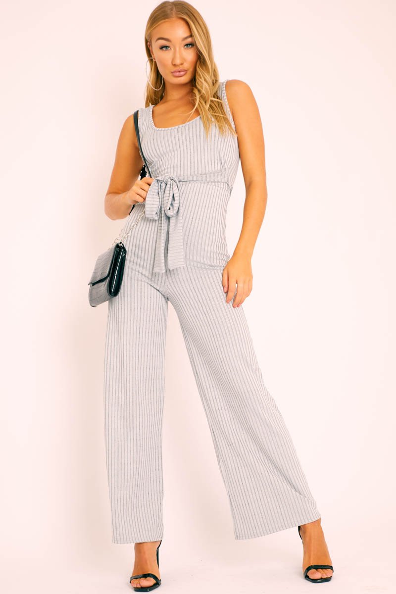 Grey Ribbed Zip Back Belted Jumpsuit - Indiya-Jumpsuits