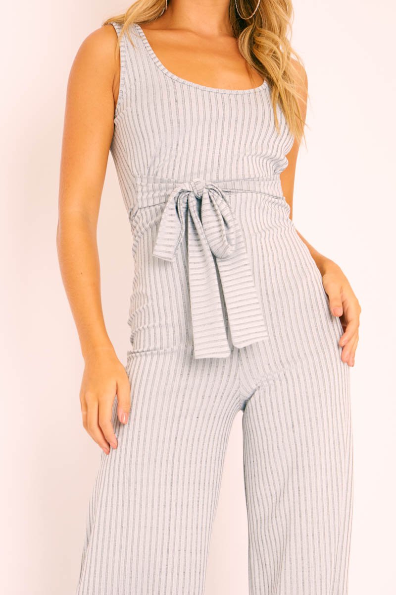 Grey Ribbed Zip Back Belted Jumpsuit - Indiya-Jumpsuits