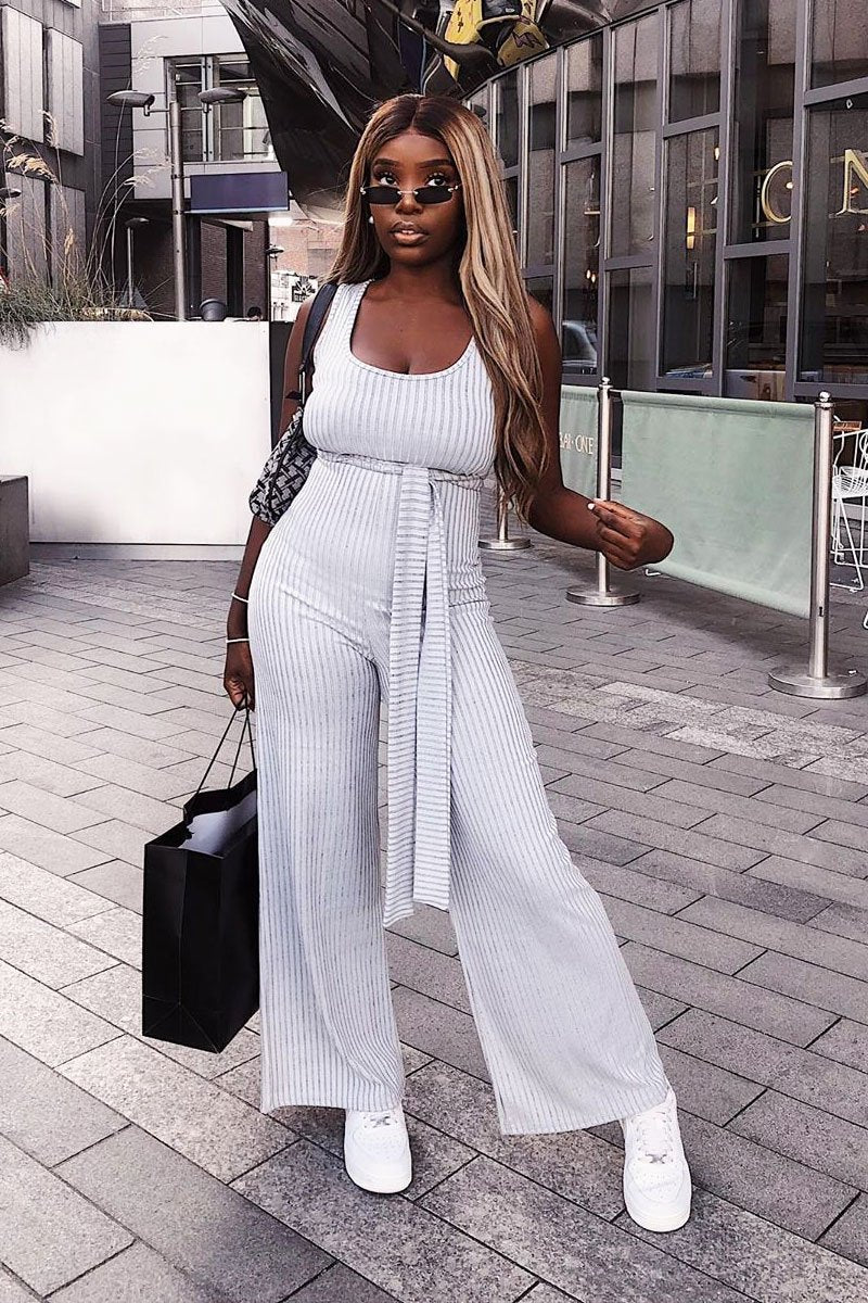 Grey Ribbed Zip Back Belted Jumpsuit - Indiya-Jumpsuits
