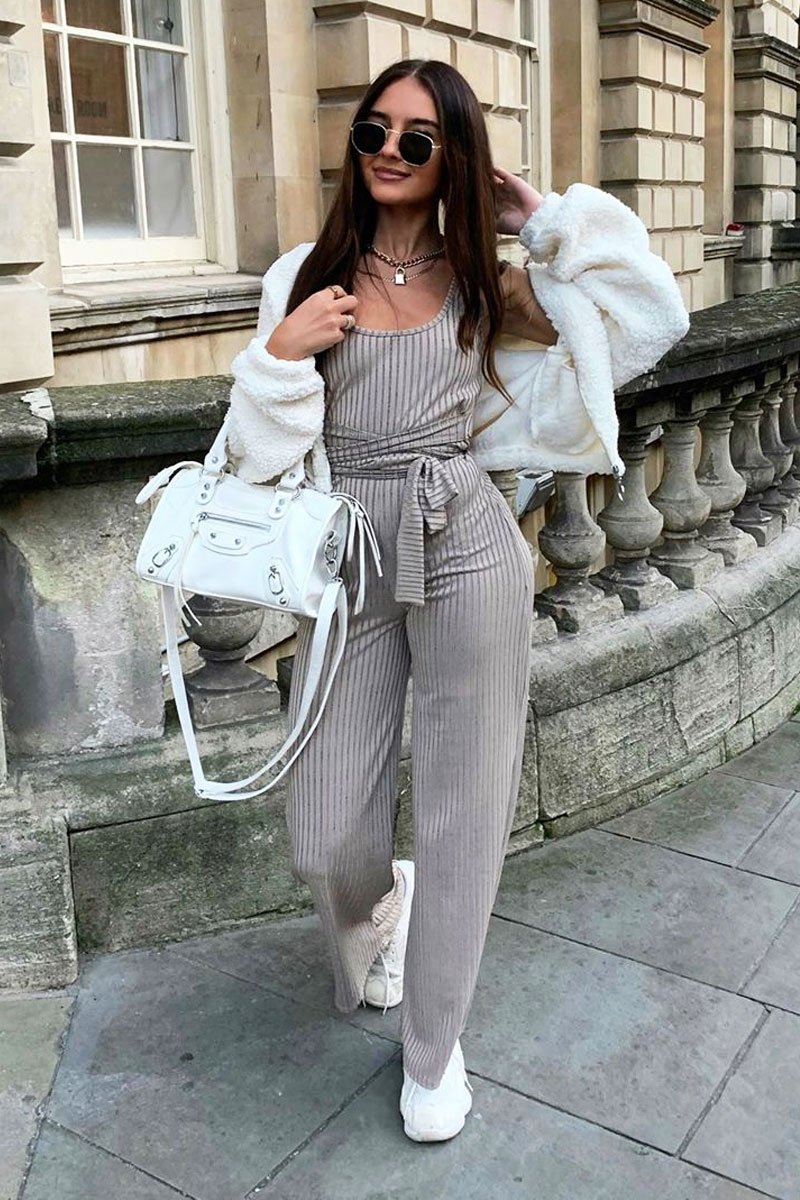 Grey Ribbed Zip Back Belted Jumpsuit - Indiya-Jumpsuits