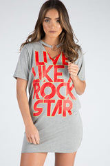 Grey Ring Choker Rockstar Slogan T Shirt Dress - Liana-Dresses