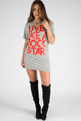 Grey Ring Choker Rockstar Slogan T Shirt Dress - Liana-Dresses