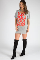 Grey Ring Choker Rockstar Slogan T Shirt Dress - Liana-Dresses