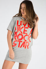 Grey Ring Choker Rockstar Slogan T Shirt Dress - Liana-Dresses