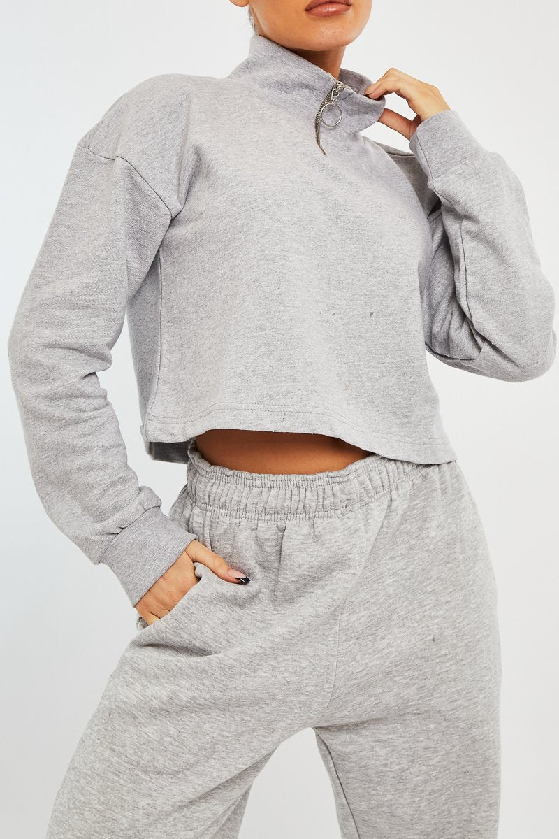 Grey Ring Zip Front High Neck Sweatshirt - Maggi-Sweatshirts