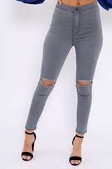 Grey Ripped Knee High Waist Skinny Jeans -Leeya-Jeans