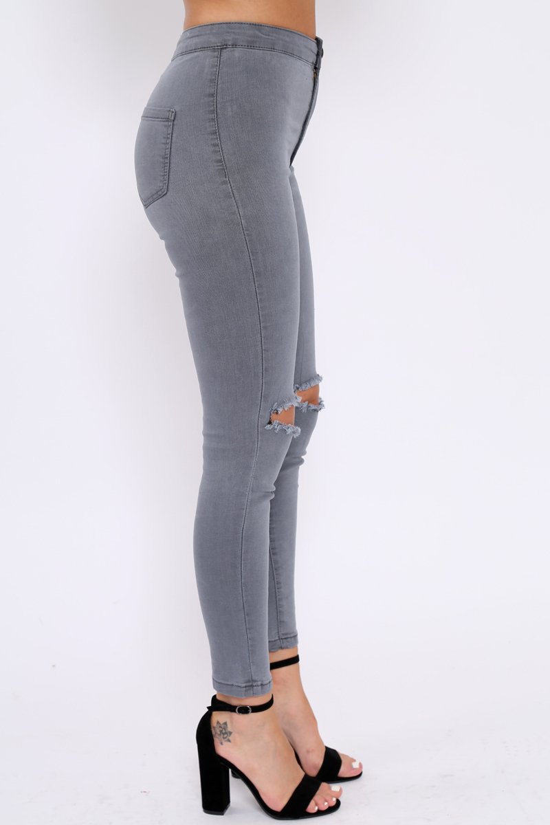 Grey Ripped Knee High Waist Skinny Jeans – Rebellious Fashion