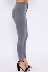 Grey Ripped Knee High Waist Skinny Jeans -Leeya-Jeans