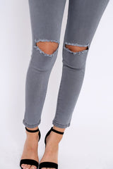 Grey Ripped Knee High Waist Skinny Jeans -Leeya-Jeans