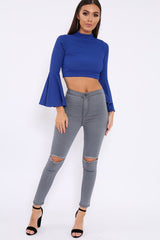 Grey Ripped Knee High Waist Skinny Jeans -Leeya-Jeans