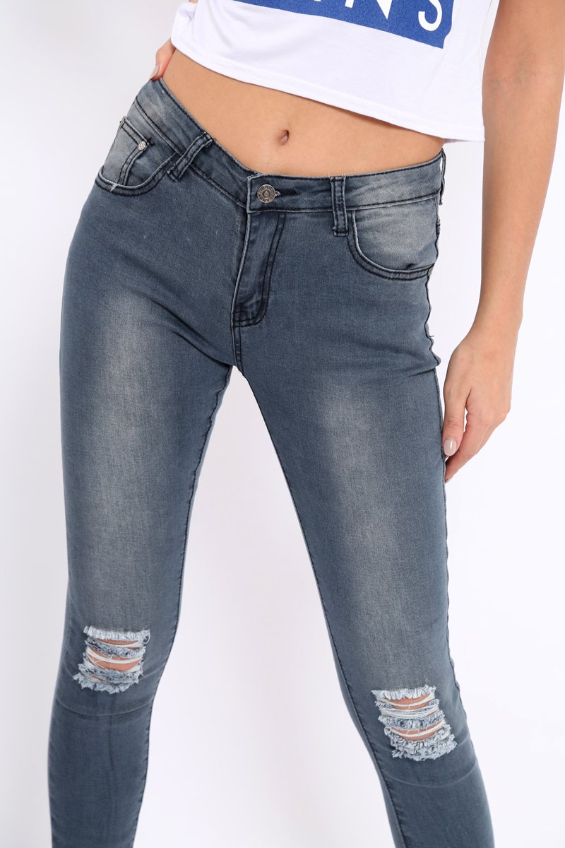 Grey Ripped Knees Skinny Jeans - Adelai-Jeans