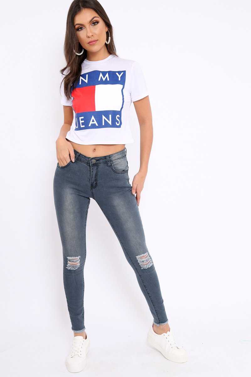 Grey Ripped Knees Skinny Jeans - Adelai-Jeans