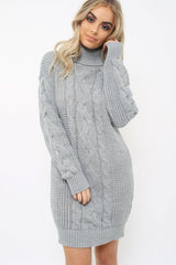 Grey Roll Neck Cable Knit Jumper Dress - Dawn-Dresses