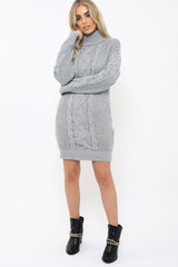 Grey Roll Neck Cable Knit Jumper Dress - Dawn-Dresses