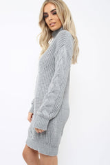 Grey Roll Neck Cable Knit Jumper Dress - Dawn-Dresses