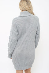 Grey Roll Neck Cable Knit Jumper Dress - Dawn-Dresses
