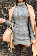 Grey Roll Neck Cable Knit Jumper Dress - Dawn-Dresses