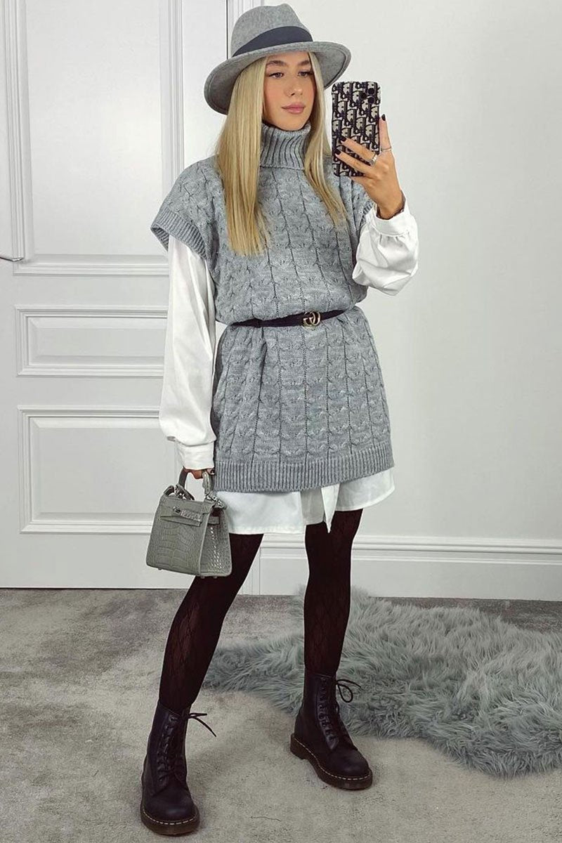Grey Roll Neck Cable Knit Vest - Emira-Jumper