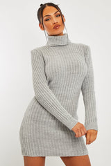 Grey Roll Neck Knit Mini Dress - Franceska-Dresses