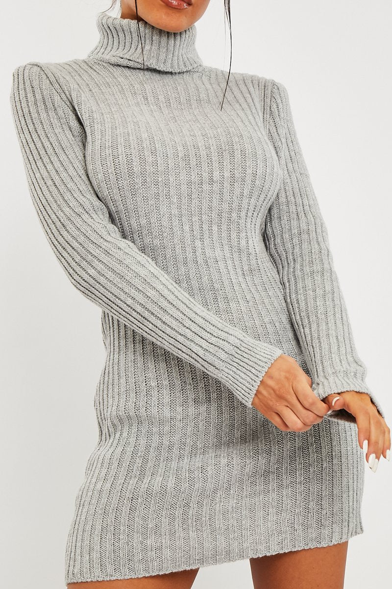Grey Roll Neck Knit Mini Dress - Franceska-Dresses