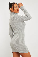Grey Roll Neck Knit Mini Dress - Franceska-Dresses