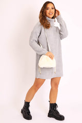 Grey Roll Neck Mini Jumper Dress - Dariyana-Dresses