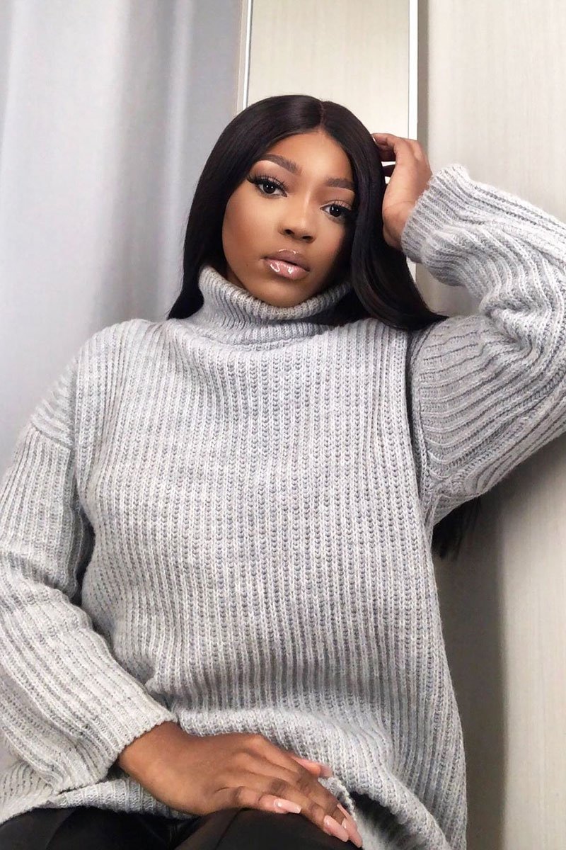 Grey Roll Neck Mini Jumper Dress - Dariyana-Dresses