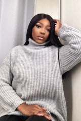 Grey Roll Neck Mini Jumper Dress - Dariyana-Dresses