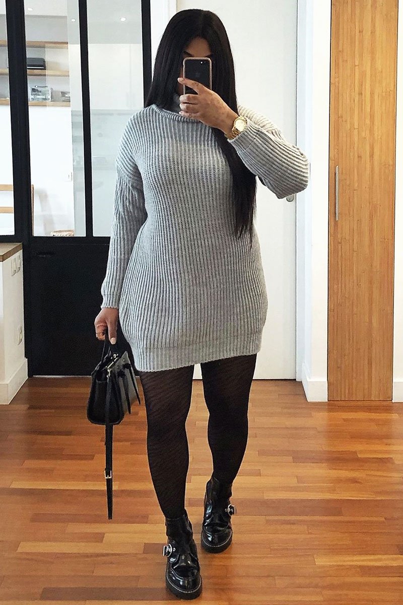 Grey Roll Neck Mini Jumper Dress - Dariyana-Dresses