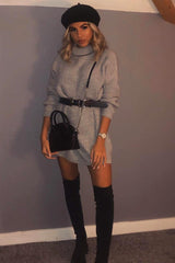 Grey Roll Neck Mini Jumper Dress - Dariyana-Dresses