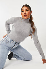 Grey Roll Neck Slim Fit Knitted Jumper - Georgie-Jumper